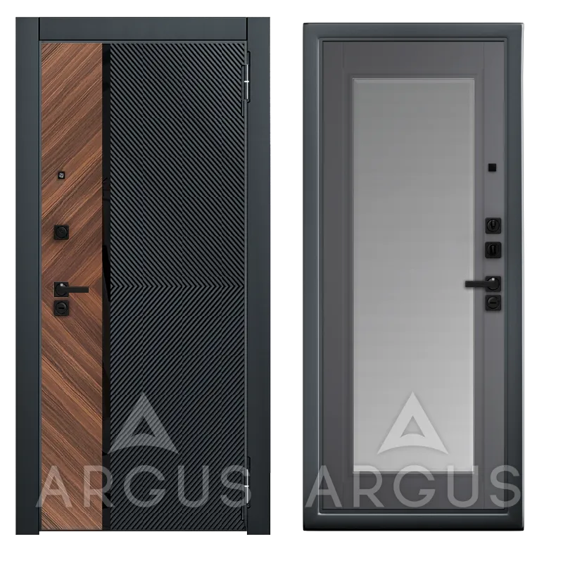 ДА86 Букле графит Гэлакси (Мэджик лид, Зеркало с фацетом, 2060*970, лев.Фуриоса, Черный кварц, (вст. Орех натуральный диагональ, черный лакобель))